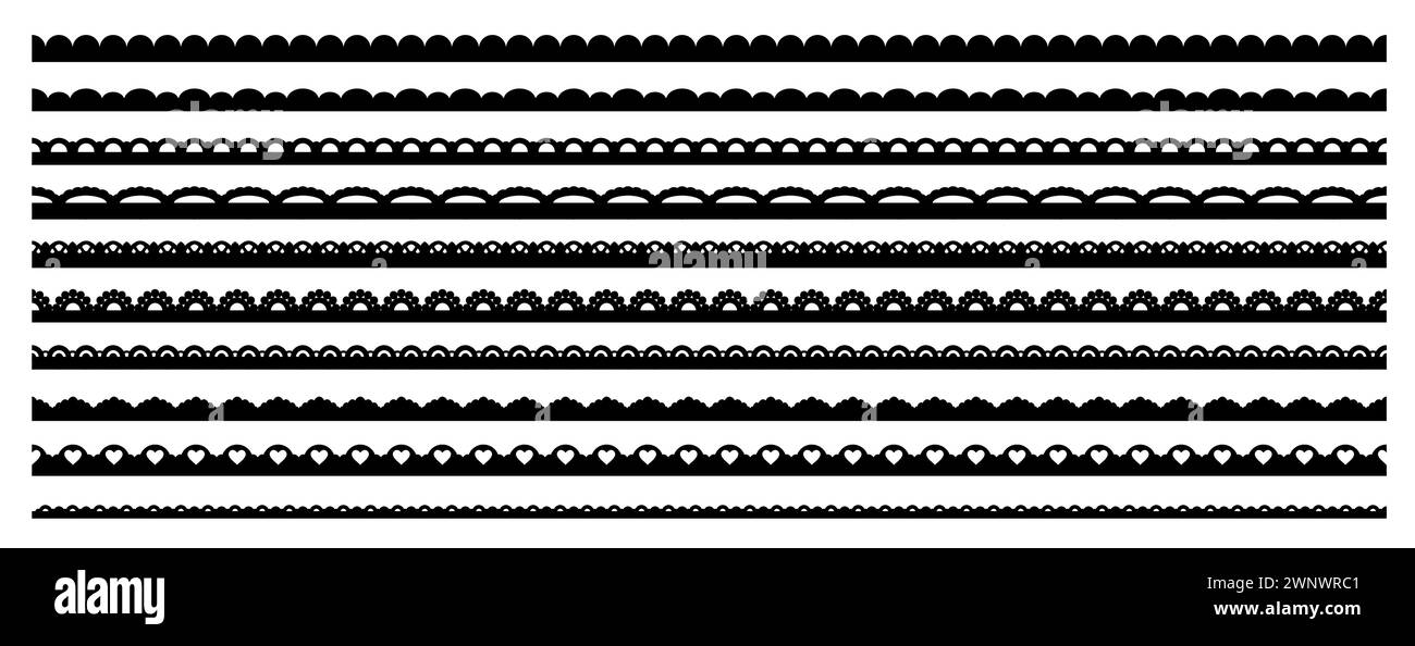 Muschelspitze Rand Rahmen, Ränder und Trennwände, Stoffmuster, Rüschenbänder Vektor Set. Elegante schwarze Streifen mit geschwungenen Ornamenten und raffinierten, einfarbigen Vintage-Elementen Stock Vektor