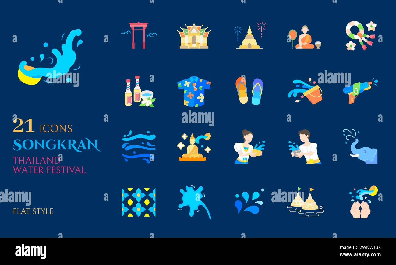 Songkran Icon flacher Stil für Feier thailand Wasserfestival buddhismus Neujahrsvektor Stock Vektor