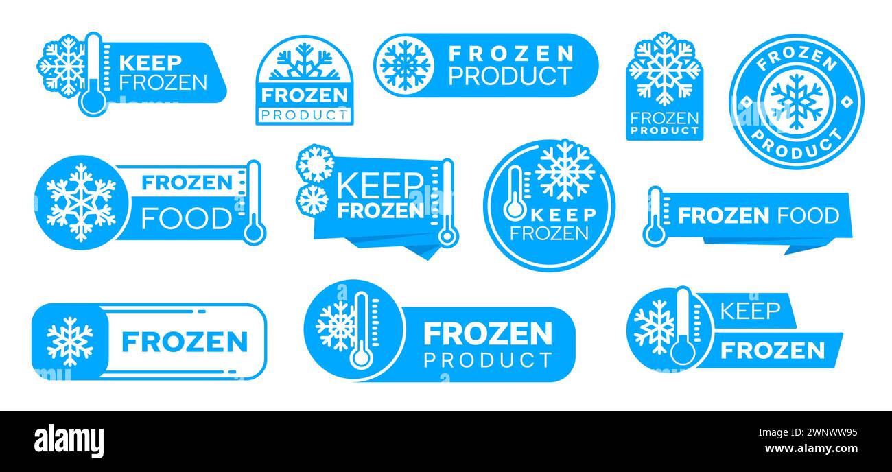 Blaue Symbole, Etiketten und Abzeichen für kalte Produkte. Isolierte Vektorsätze mit Schneeflocken oder Frost und Thermometersymbolen. Elemente für Verpackungen oder Frostschutzmittel Stock Vektor