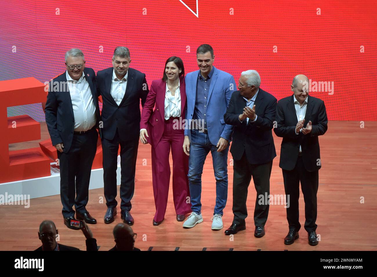 Rom, Italien. März 2024. Die SPE ernannte den gemeinsamen Kandidaten Nicolas Schmit, den Vorsitzenden der Demokratischen Partei Italiens (PD) Elly Schlein e Pedro Sánchez, den spanischen Premierminister, SD-Partei, Mette Frederiksen, während des Wahlkongresses der Partei der europäischen Sozialisten (SPE) im Vorfeld der bevorstehenden Europawahlen 2024 am 2. März. 2024 in Rom Credit: dpa/Alamy Live News Stockfoto