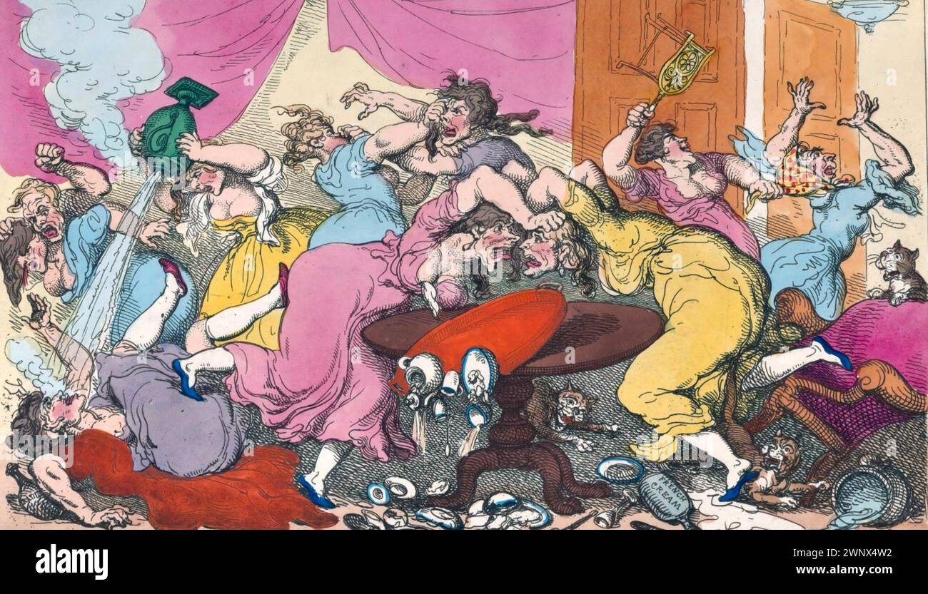 THOMAS ROWLANDSON (1757–1827) englischer Karikaturist. Seine Satire Breaking Up of the Blue Stocking Club erschien im März 1815. Stockfoto