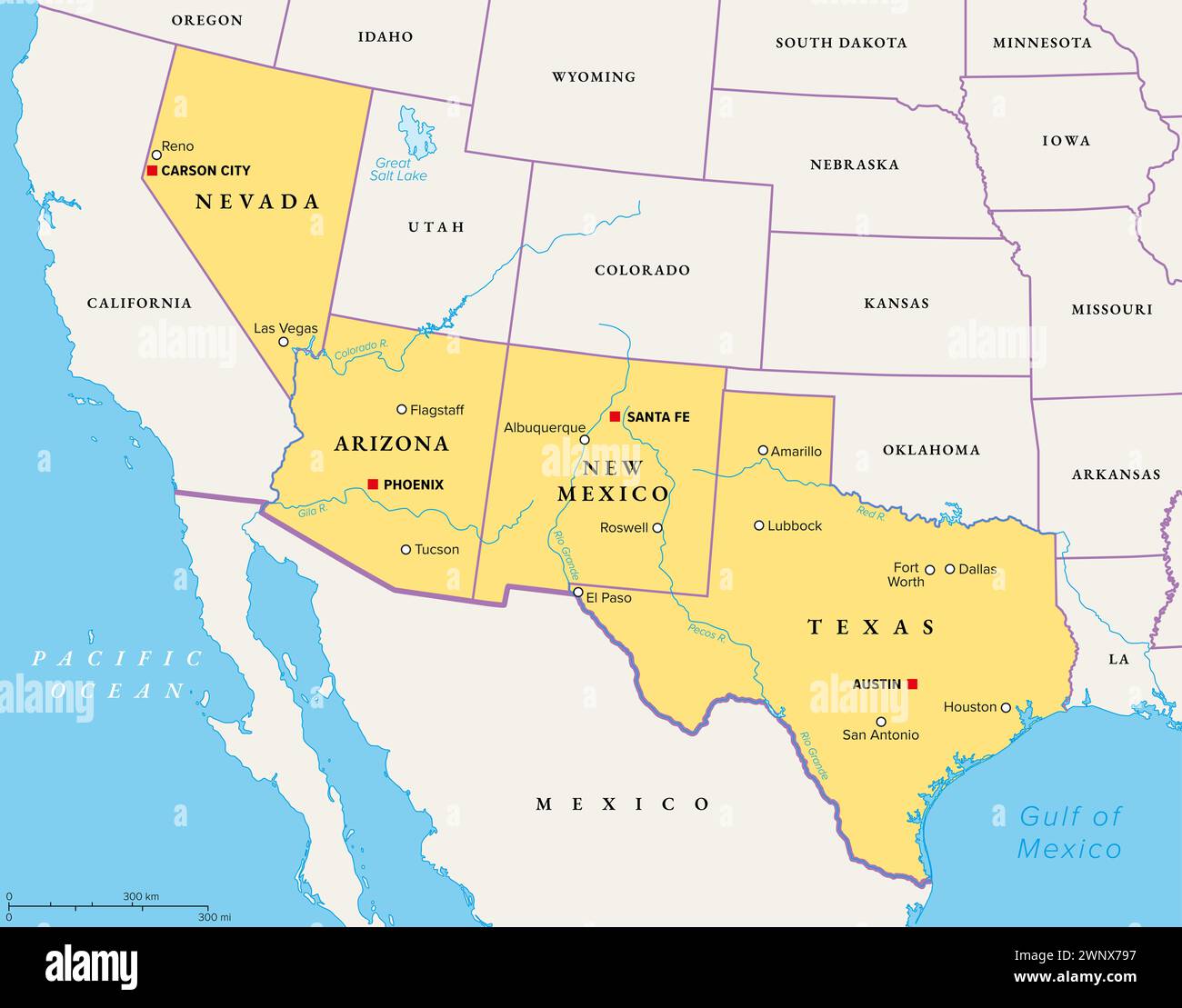 Südwestliche Region der Vereinigten Staaten, politische Karte. Staaten des amerikanischen Südwestens oder einfach Südwesten. Geografische und kulturelle Region. Stockfoto