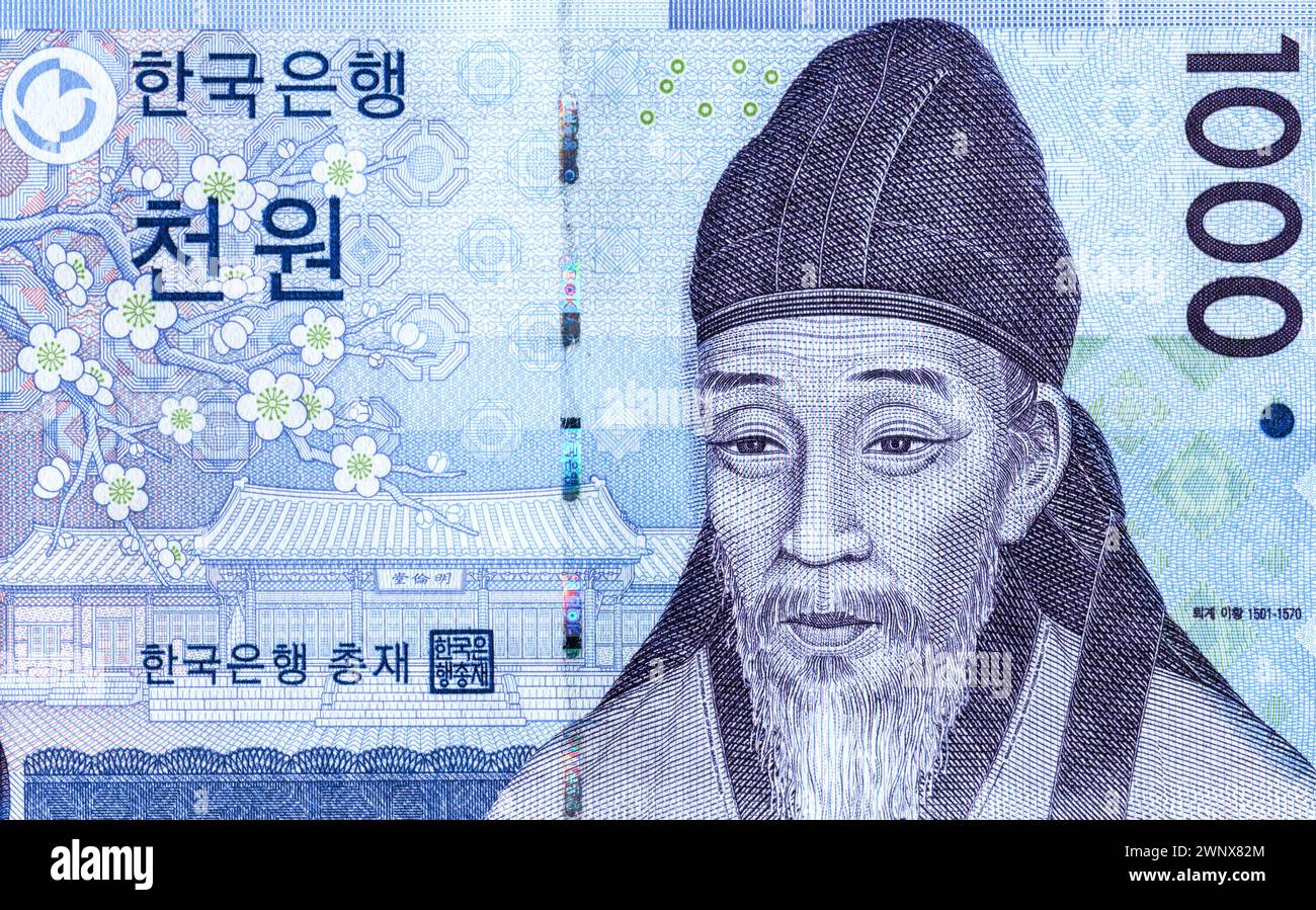 Südkorea 1000 Won-Banknote mit Porträt von Yi Hwang (1501–1570). Koreanischer Philosoph, Schriftsteller und konfuzianischer Gelehrter der Joseon-Dynastie Stockfoto