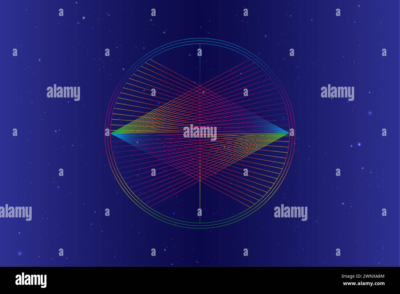 Linienüberlappung, Dreiecke auf Kreis, geometrisches Design-Konzept des Logos. Vektorfarbenes Spektrum Gradientenlinien isoliert auf Sternengalaxie Hintergrund Stock Vektor