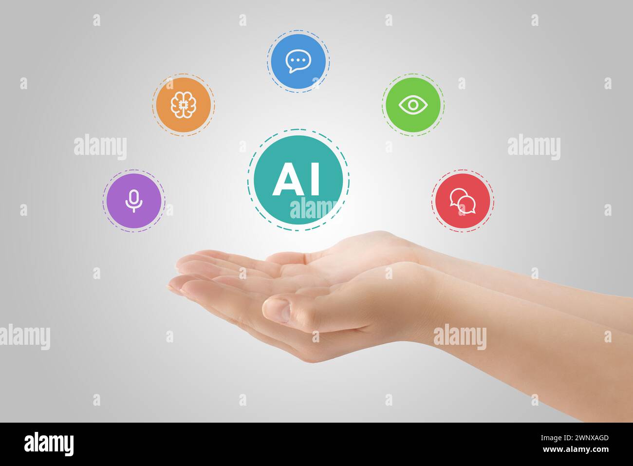 Hand mit schwebender KI-Symbole: Verarbeitung natürlicher Sprache, Computervision, Spracherkennung, maschinelles Lernen, Konversations-KI. Illustrati Stockfoto