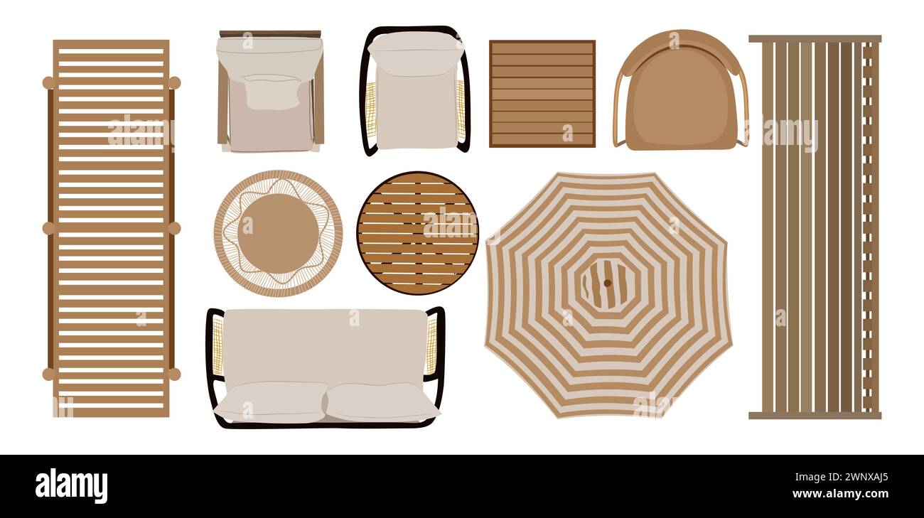 Draufsicht auf Möbelsymbole für die Innengestaltung. Stock Vektor