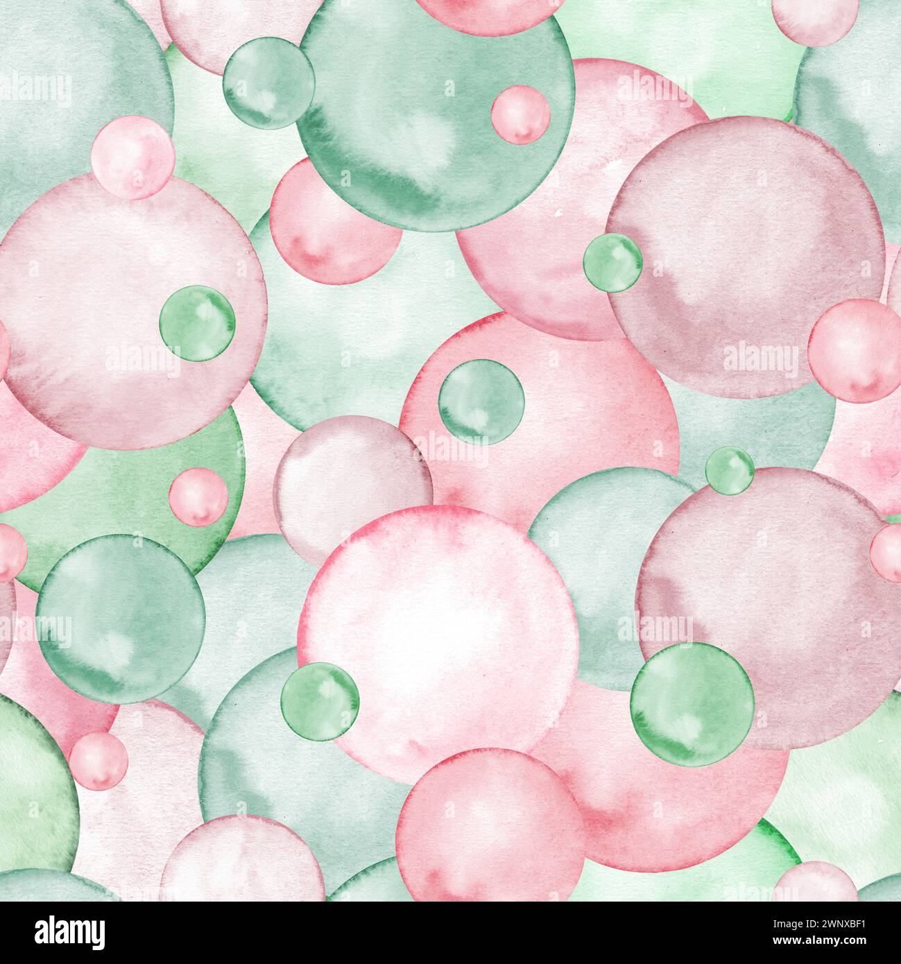 Abstraktes, nahtloses Muster. Kleine und große Polka Dots. Trendige Farben in Pastellrosa und Grün. Kreis, Konfetti. Spritzer, Blasen, runde Kritzelpunkte. Stockfoto