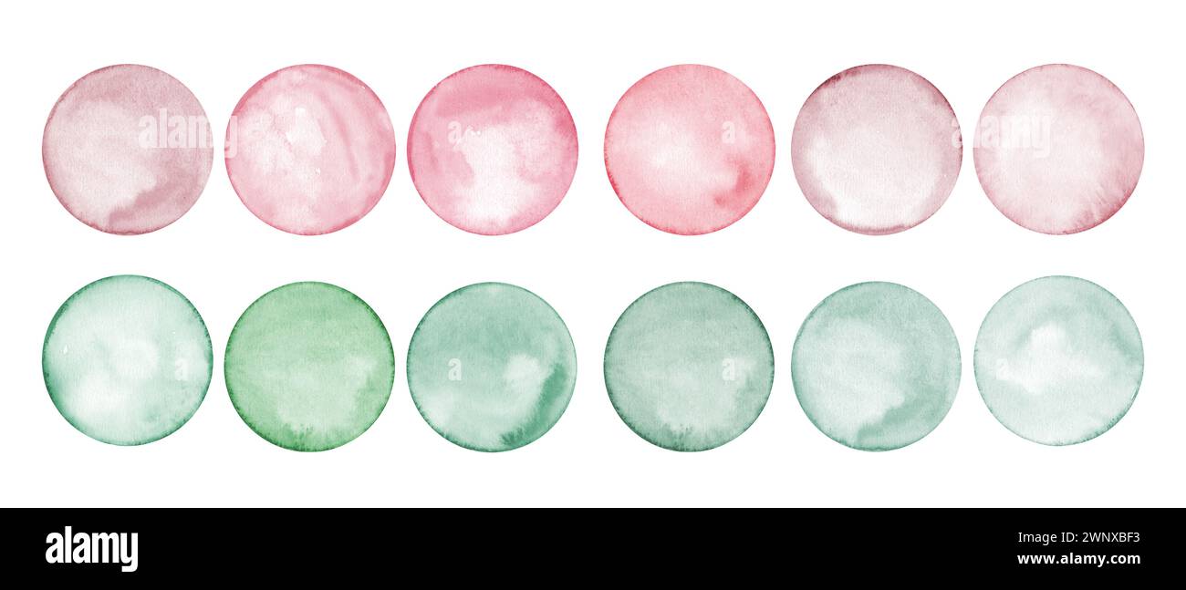 Set mit Aquarellfarben rosa, grüne Polka Dots. Kreis in weichen Pastellfarben. Kreativer, minimalistischer Stil. Spritzer, Blasen, runde Kritzelpunkte, Pinselstrich Stockfoto