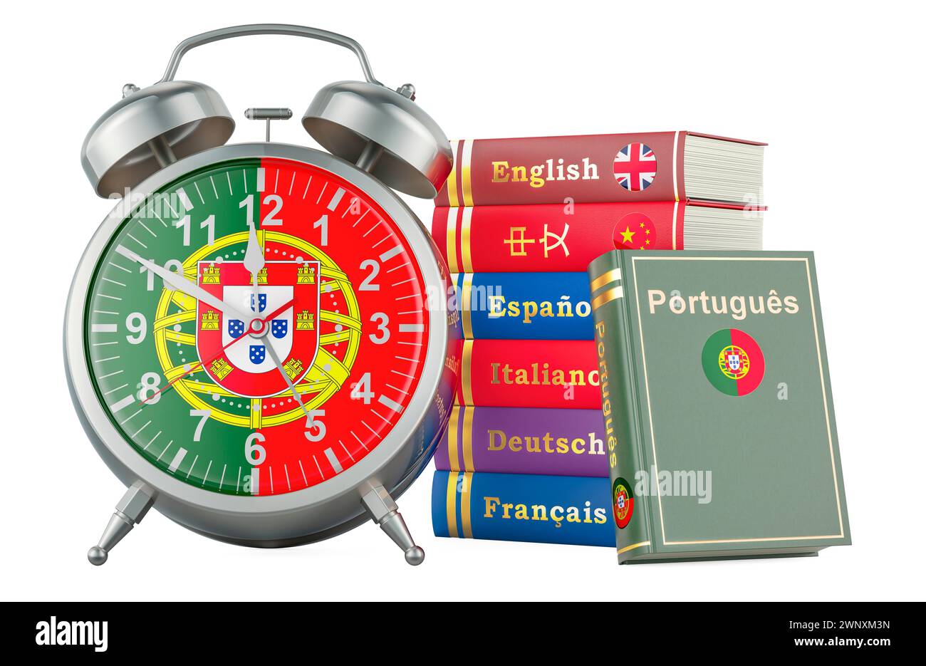 Portugiesisch-Kurs, Unterrichtskonzept. Bücher mit Wecker. Zeit zum Erlernen der portugiesischen Sprache, 3D-Rendering isoliert auf weißem Hintergrund Stockfoto