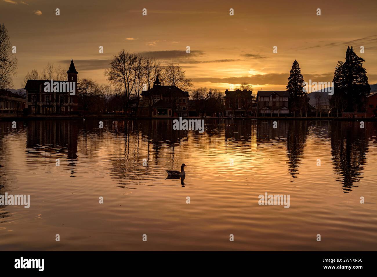 Goldener Sonnenuntergang am Puigcerdà-Teich an einem Winternachmittag (Cerdanya, Girona, Katalonien, Spanien, Pyrenäen) ESP: Atardecer dorado en el lago de Puigcerdà Stockfoto