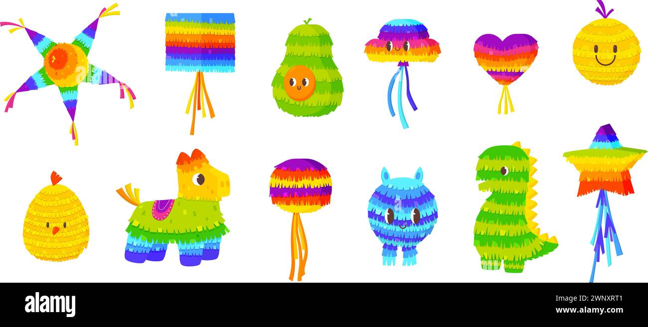 mexikanische Pinatas mit Zeichentrickfilm. Isolierte Pinata Lama, Stern und Dinos. Dekorative Party fiesta Papierspielzeug mit Süßigkeiten und Konfetti, kuschelige Vektor Clipart Stock Vektor