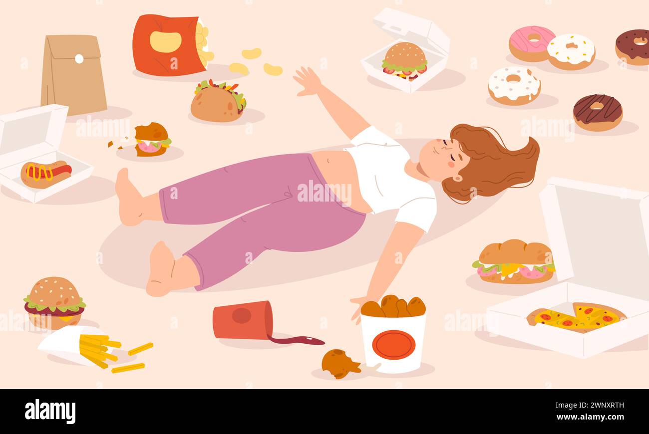 Ernährungsprobleme. Ein junges Mädchen isst und lügt zwischen verschiedenen Junk-Food. Bulimie und schlechte Gewohnheiten, Geisteskrankheiten. Glückliche, fette Frau, kuscheliger Vektor Stock Vektor