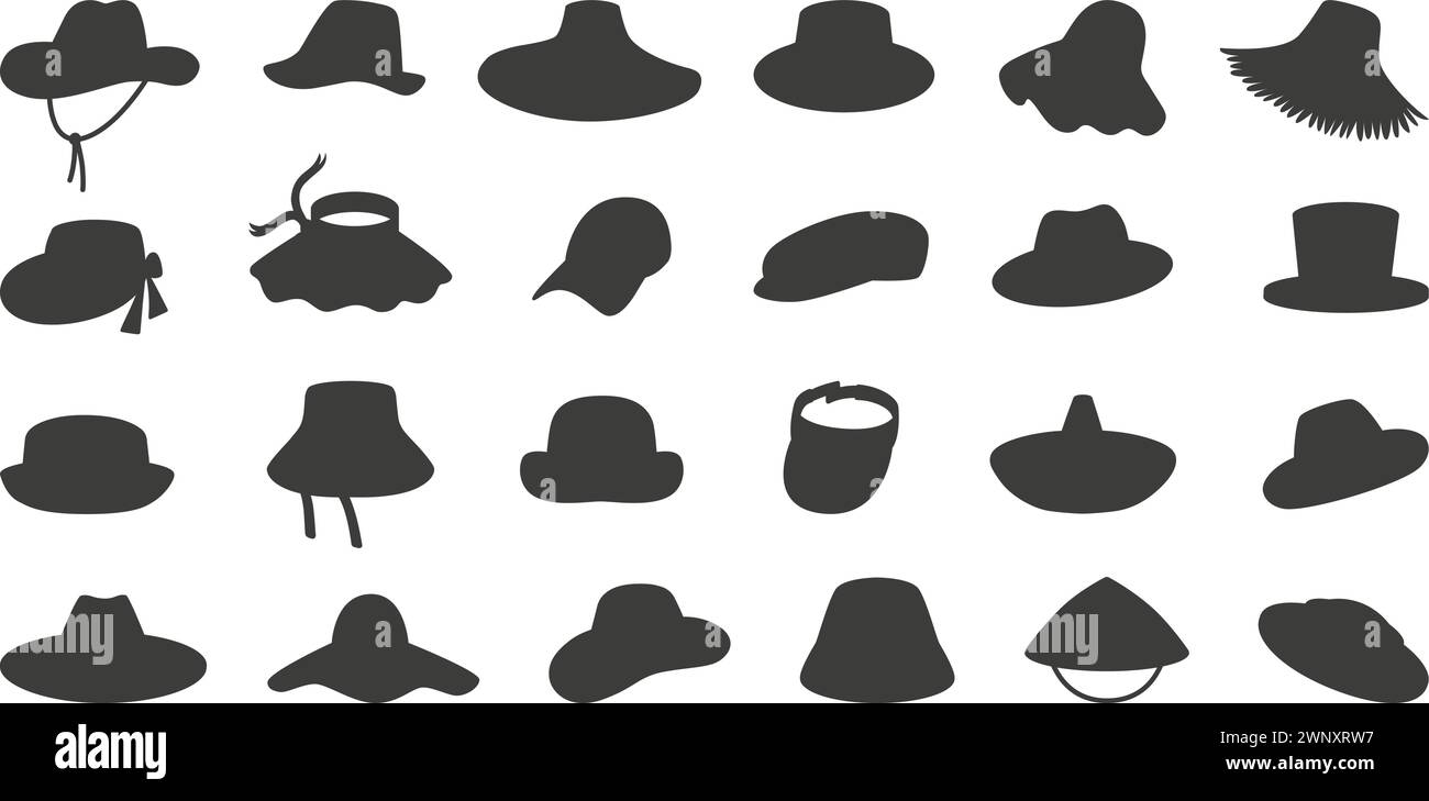 Hüte Silhouetten. Mütze für Männer, Frauen und Unisex. Saisonales Kopfzubehör, für Reisen, Landwirtschaft, landwirtschaftliche Arbeit und Erholung, neoterische Vektorsymbole Stock Vektor
