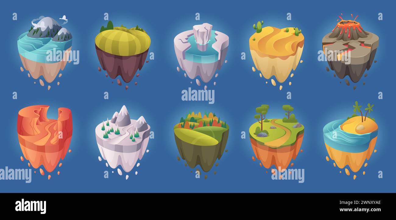 Fliegende Inseln. Isometrische Spielhintergründe Natur Fantasy Landschaften Ozeane Flüsse Bäume und Felsen exakte Vektor-Illustrationen Stock Vektor