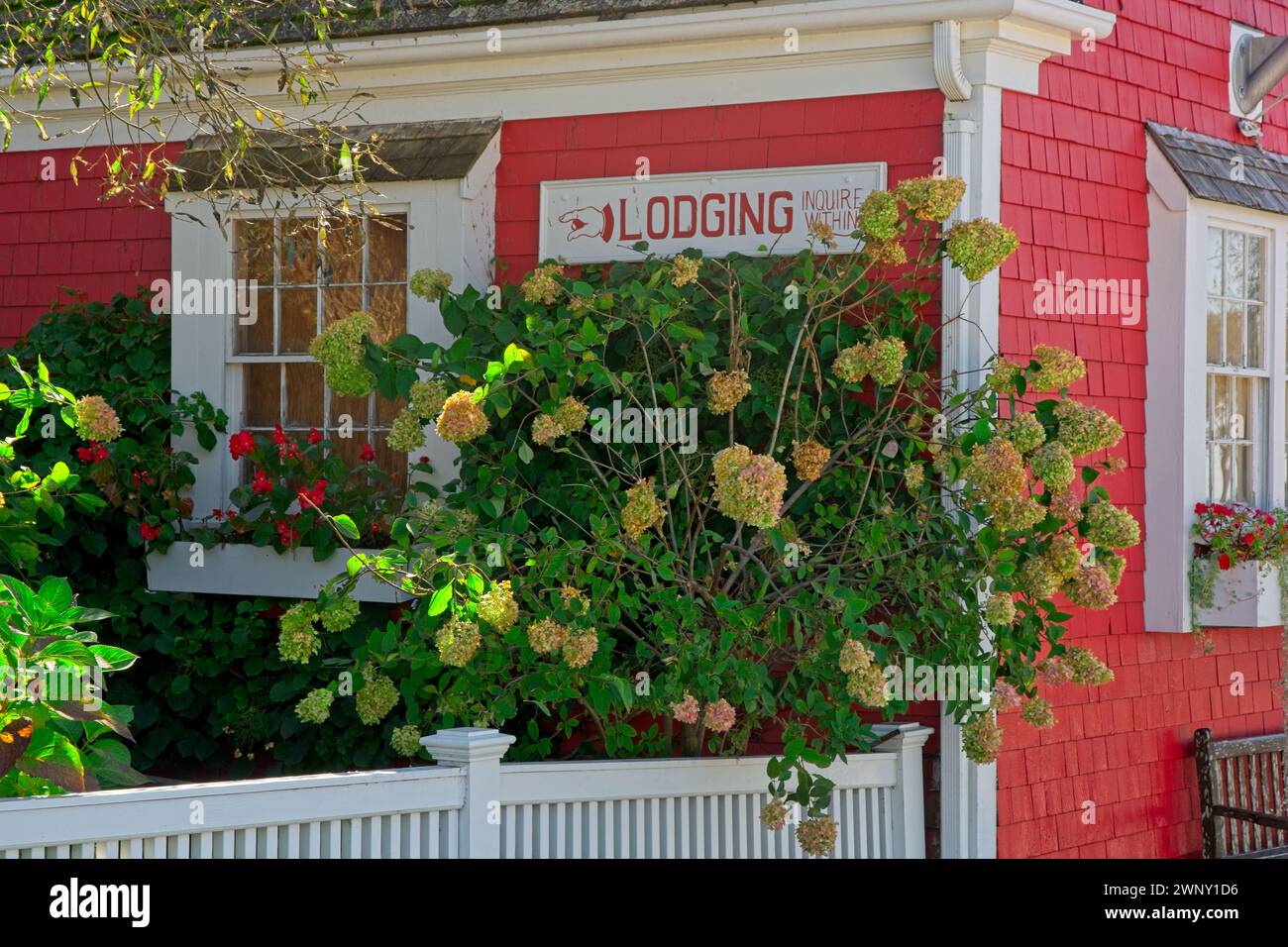 Schild „Lodging, Inquire within“ auf dem Cottage im Kolonialstil in rotem cape Cod — Provincetown, MA, Oktober 2023 Stockfoto