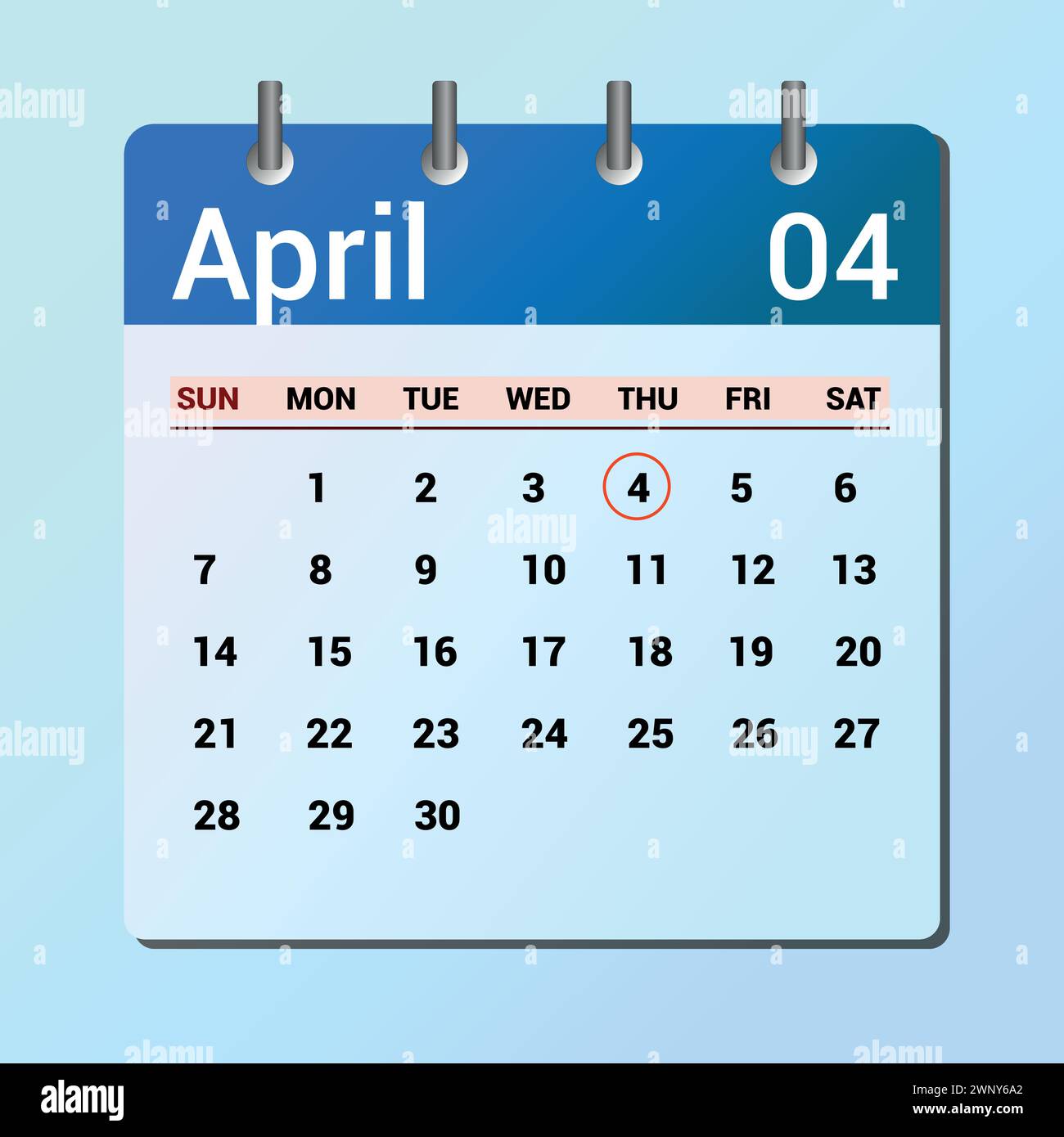 April 04. Kalender mit flachen Symbolen auf blauem Hintergrund isoliert. Vektorillustration für Datum und Monat Stock Vektor