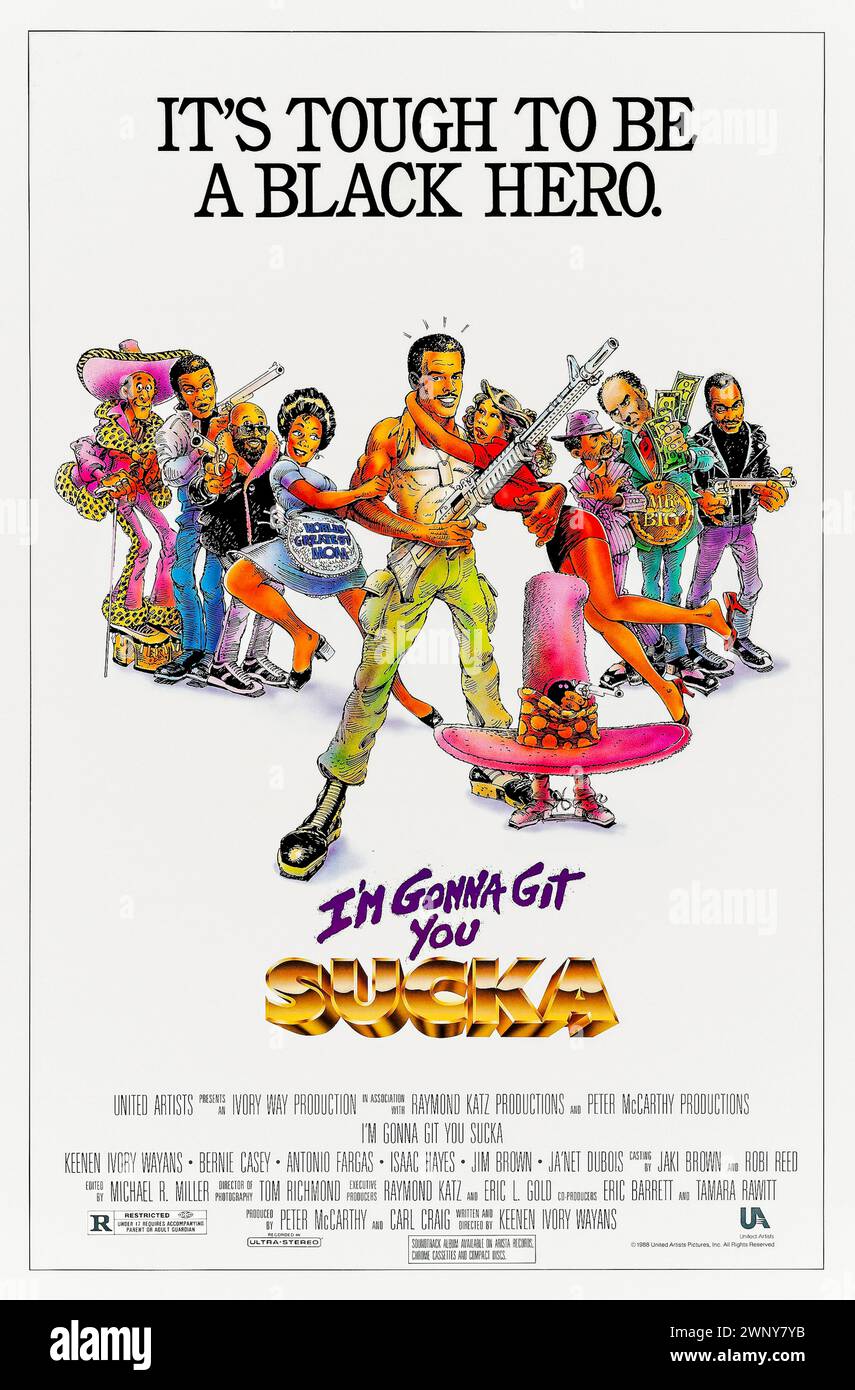 I’m Git You Sucka (1988) von Keenen Ivory Wayans mit Keenen Ivory Wayans, Bernie Casey und Antonio Fargas. In dieser Parodie auf Blaxploitationsfilme vereint ein schwarzer Held, der frühere schwarze Helden aus den 70ern wiedervereint, um ihm zu helfen, sich an Mr. Big zu rächen. Foto eines Original-Posters aus dem Jahr 1988 (US-1-Blatt). ***NUR REDAKTIONELLE VERWENDUNG*** Credit: BFA / United Artists Stockfoto