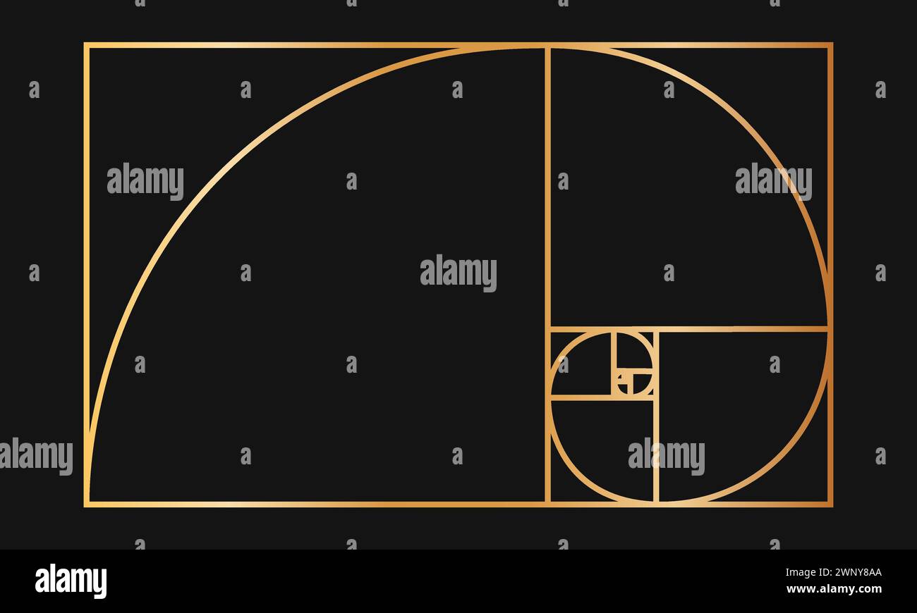 Vorlage „Golden Ratio“. Goldene logarithmische Spirale in rechteckigem Rahmen geteilt auf Quadrate. Fibonacci-Sequenzraster. Leonardo da Vinci: Göttliches Verhältnis. Ideales natursymmetrisches Layout. Vektorabbildung. Stock Vektor
