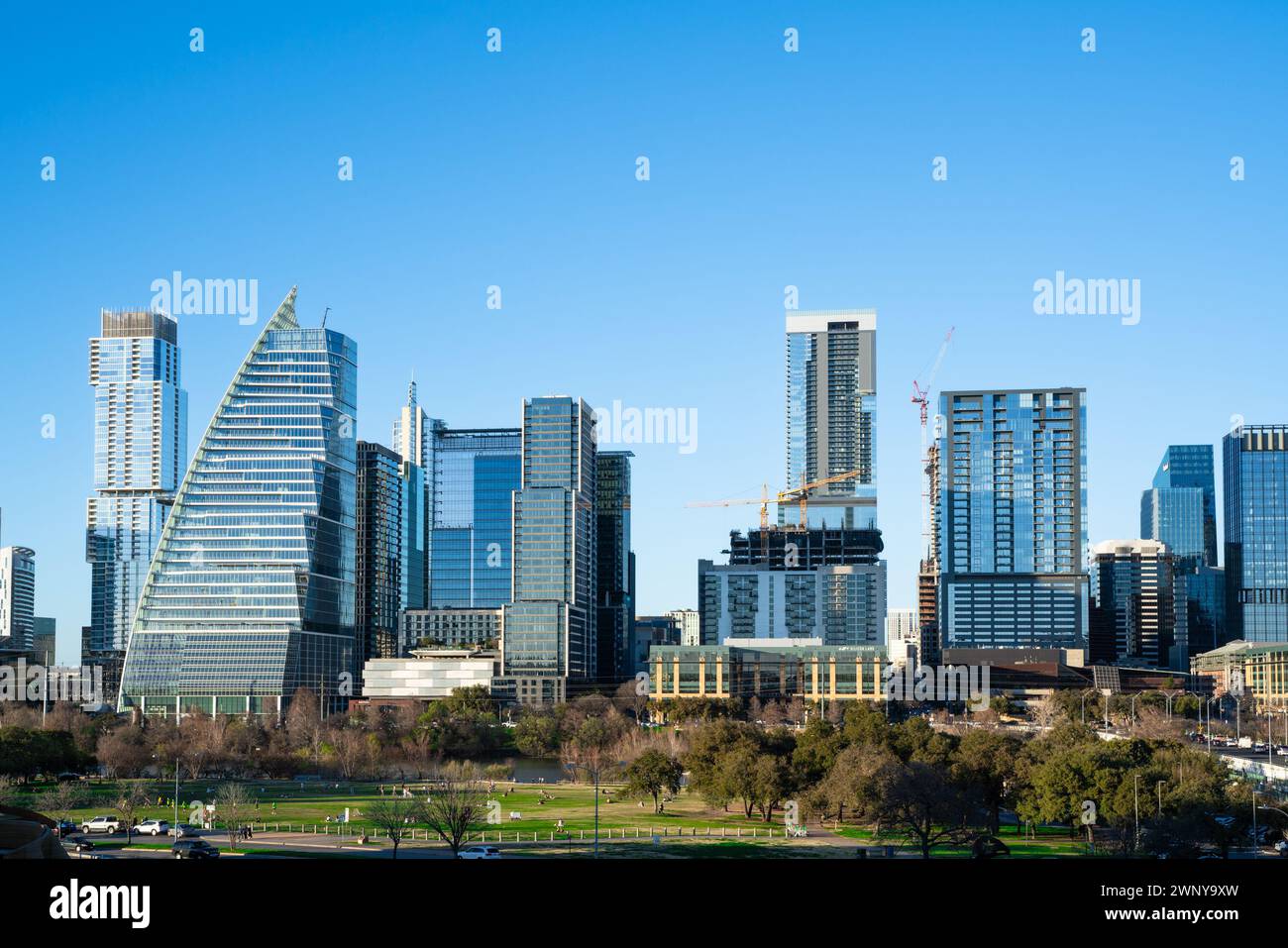 Die Skyline von Austin Texas tagsüber mit modernen Gebäuden in der Innenstadt. Stockfoto