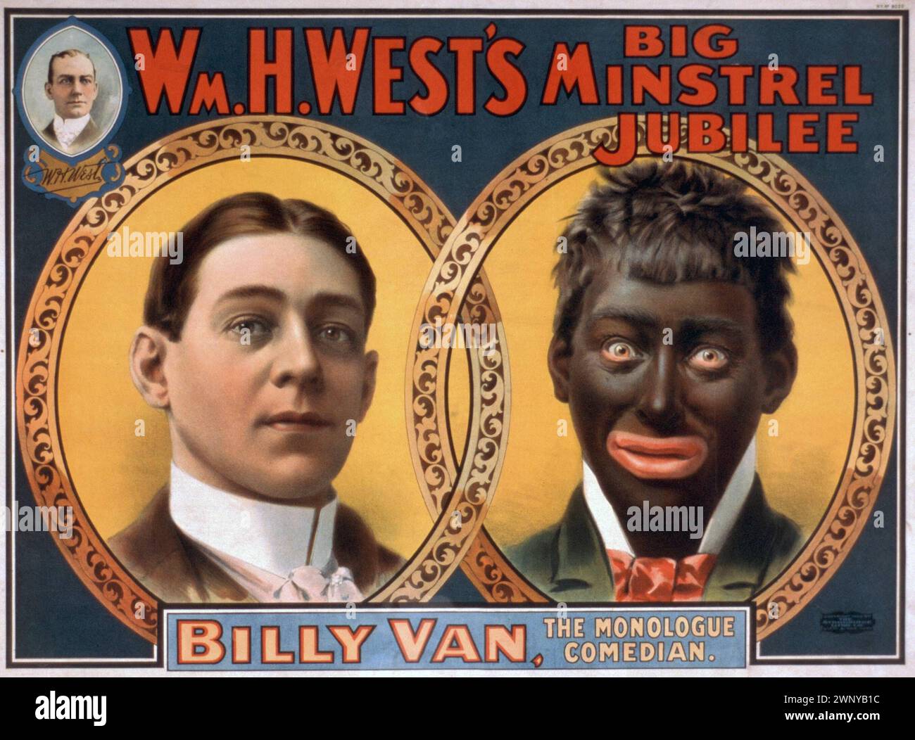 Vintage-Poster. William H West „Big Minstrel Jubilee“. Billy Van, der Monologe-Komiker, zeigt einen Komiker mit schwarzem Make-up. 1900er Jahre Stockfoto