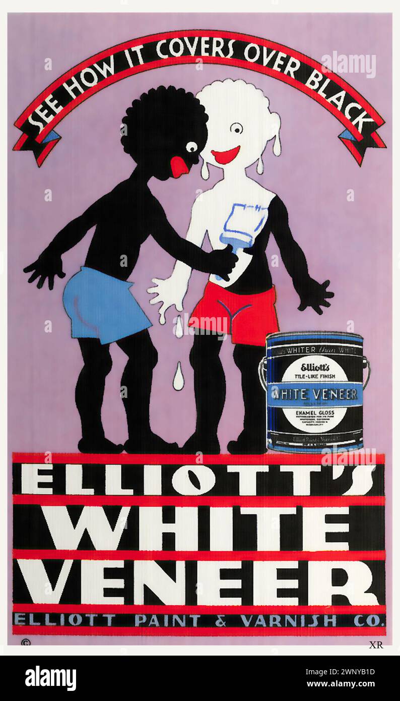 Vintage-Werbeplakat. Elliott’s Paint, 1930 . Elliots weißes Furnier „Sehen Sie, wie es über Schwarz verdeckt“ (sic!). Stockfoto