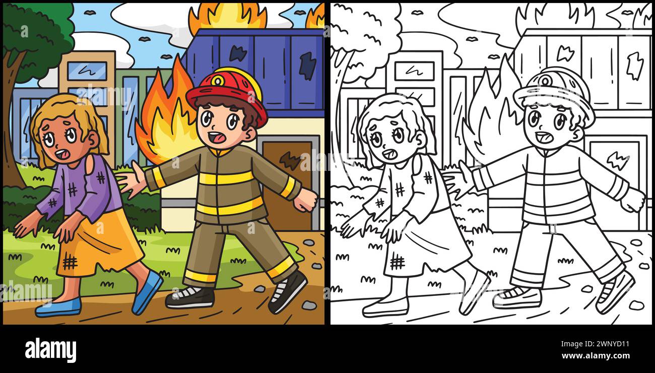 Feuerwehrmann eskortiert eine Illustration des Überlebenden Stock Vektor