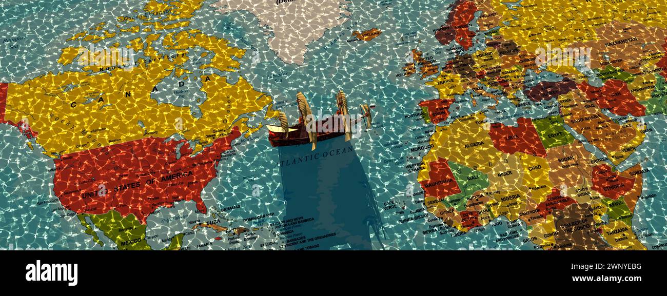 Klassisches Clipper-Schiff, das strukturierte Gewässer auf einer Karte von Nordamerika bis Afrika durchquert. Stockfoto
