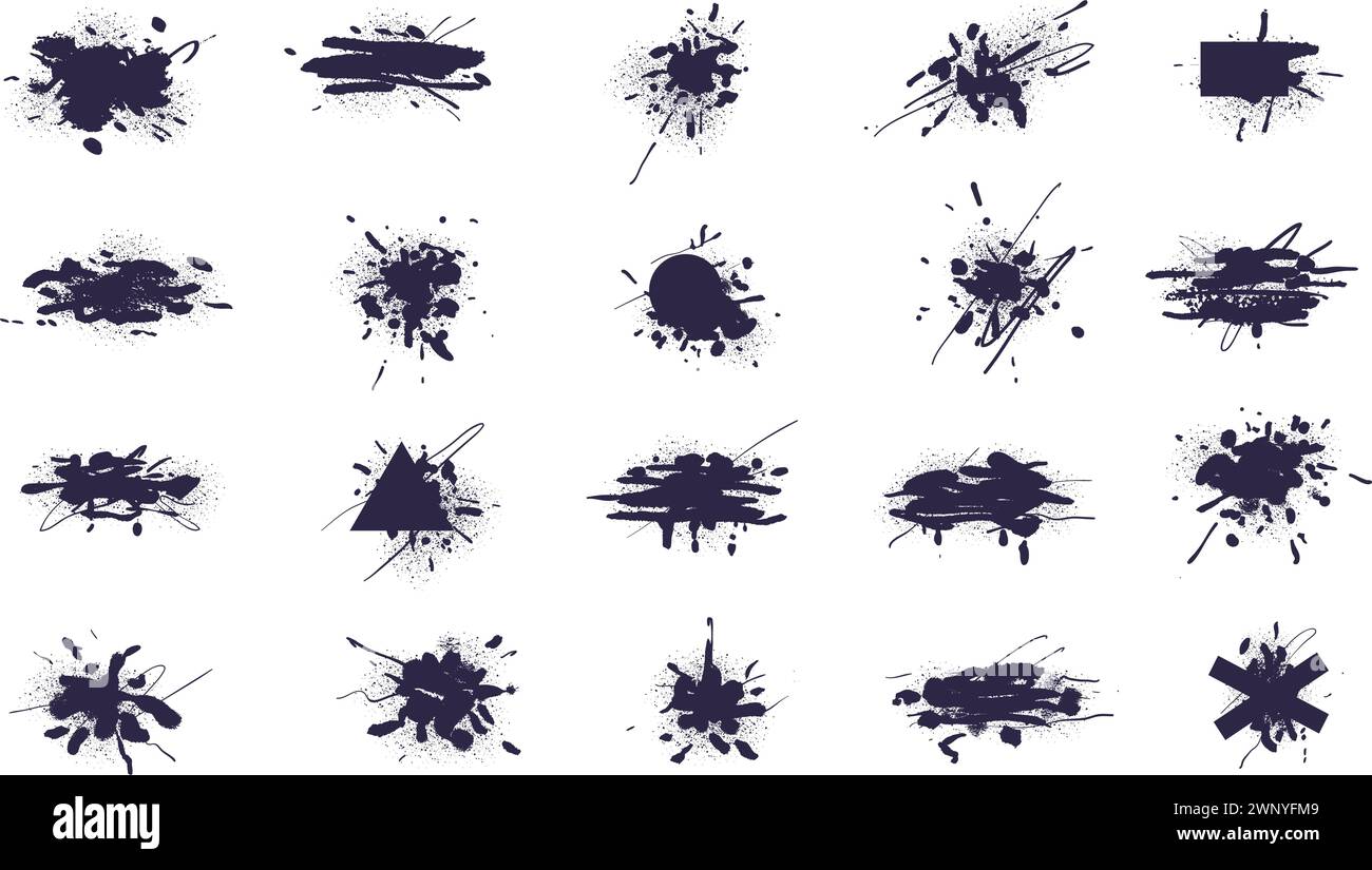 Splatter-Schlamm-Effekt. Tintenspritzer Schmutz Rußpartikel, Graffiti Blob Fleck Grunge Pinselstrich Texturspray Spritzer schmutzige schwarze Abstrich Design Dekoration, Vektor Illustration von Spritzer Farbe Spray Stock Vektor