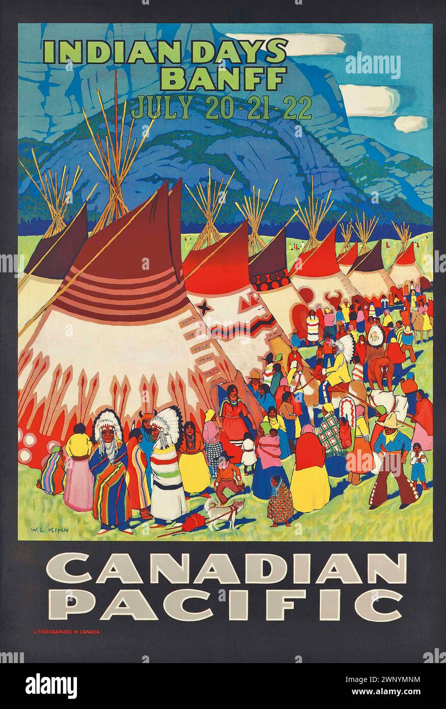 Vintage-Reiseposter. Canadian Pacific Railroad, Indian Days Banff. Von Wilfred Langdon Kihn, ca. 1930er Jahre Mit einem indigenen Dorf mit Tipis und Menschen in traditioneller Festkleidung Stockfoto
