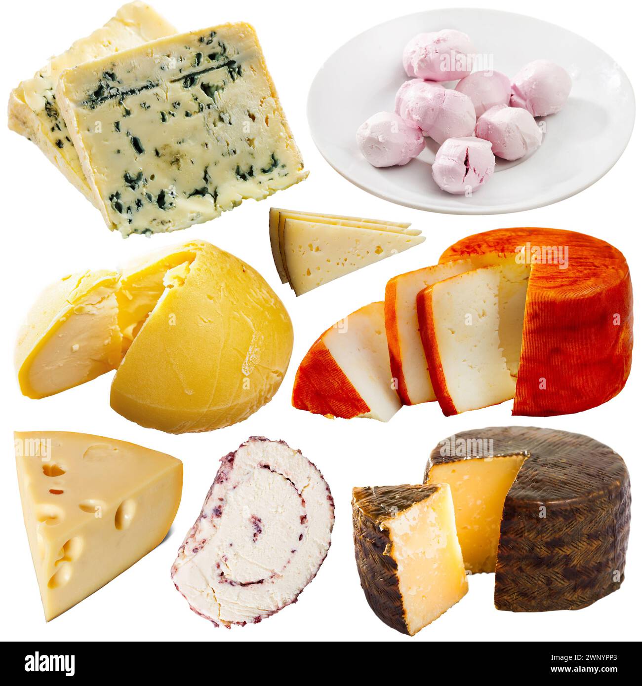Collage von Käse isoliert auf weiß Stockfoto