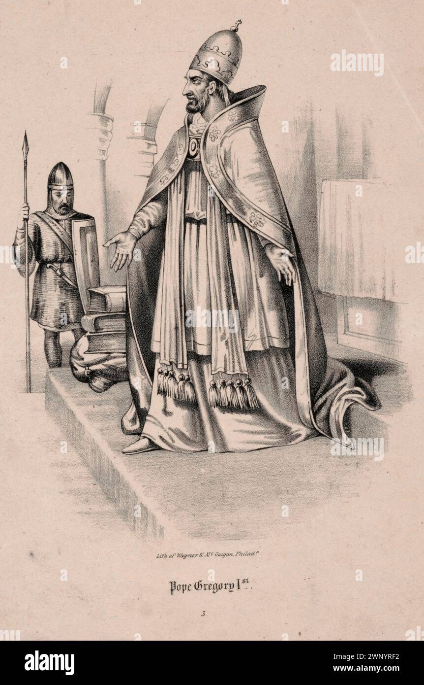Ein Kupferstich des 18. JAHRHUNDERTS von Papst Gregor I. (auch bekannt als Heiliger Gregor der große), der von 590 bis 604 n. Chr. Pontiff war. Er war der 64. Papst. Er war es, der den Gesang des Chors einführte, der als Gregorianischer Chant bekannt ist. Stockfoto