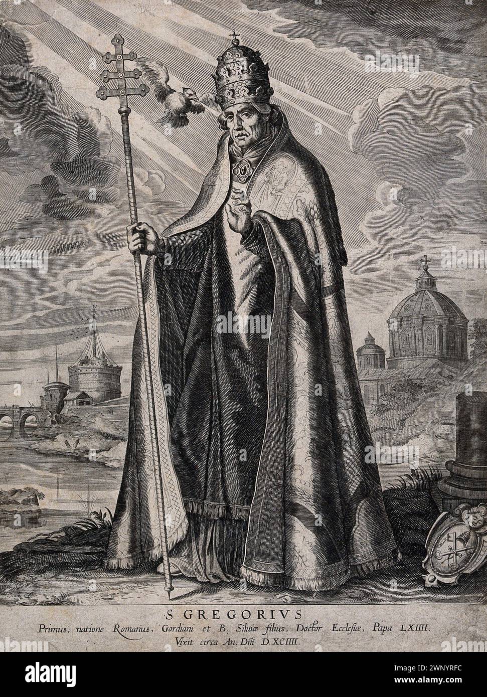 Ein Kupferstich von Papst Gregor I. (auch bekannt als Heiliger Gregor der große) aus dem 17. Jahrhundert, der von 590 bis 604 n. Chr. Pontiff war. Er war der 64. Papst. Er war es, der den Gesang des Chors einführte, der als Gregorianischer Chant bekannt ist. Stockfoto