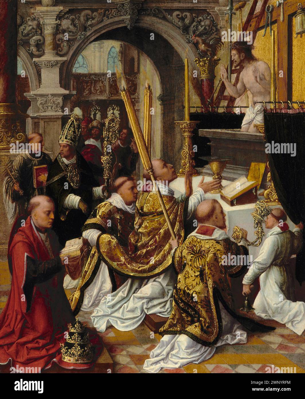 Die Messe des Heiligen Gregor des Großen von Adriaen Ysenbrandt. Papst Gregor I. (auch als Heiliger Gregor der große bekannt), der von 590 bis 604 n. Chr. Pontiff war. Er war der 64. Papst. Er war es, der den Gesang des Chors einführte, der als Gregorianischer Chant bekannt ist. Stockfoto