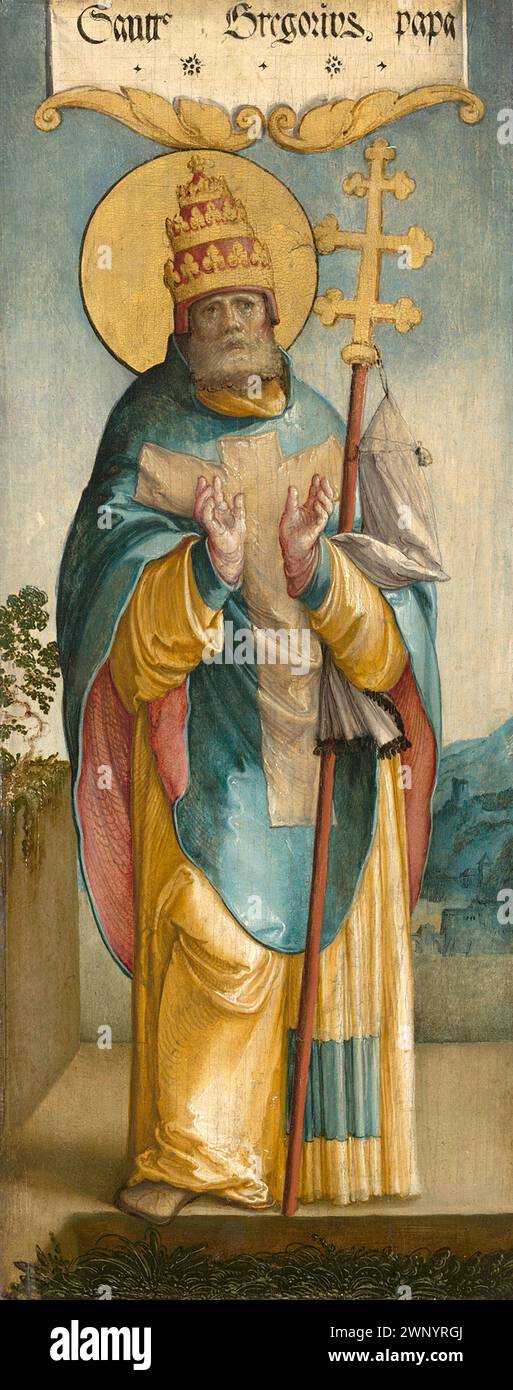 Ein Gemälde von Papst Gregor I. (auch bekannt als Heiliger Gregor der große), der von 590 bis 604 n. Chr. Pontiff war. Er war der 64. Papst. Er war es, der den Gesang des Chors einführte, der als Gregorianischer Chant bekannt ist. Dieses Gemälde stammt aus dem Jahr 1535 vom Meister von Messkirch. Stockfoto