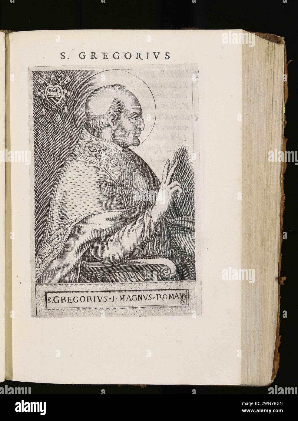 Ein Kupferstich von Papst Gregor I. (auch bekannt als Heiliger Gregor der große) aus dem Jahr 1580, der von 590 bis 604 n. Chr. Pontiff war. Er war der 64. Papst. Er war es, der den Gesang des Chors einführte, der als Gregorianischer Chant bekannt ist. Stockfoto