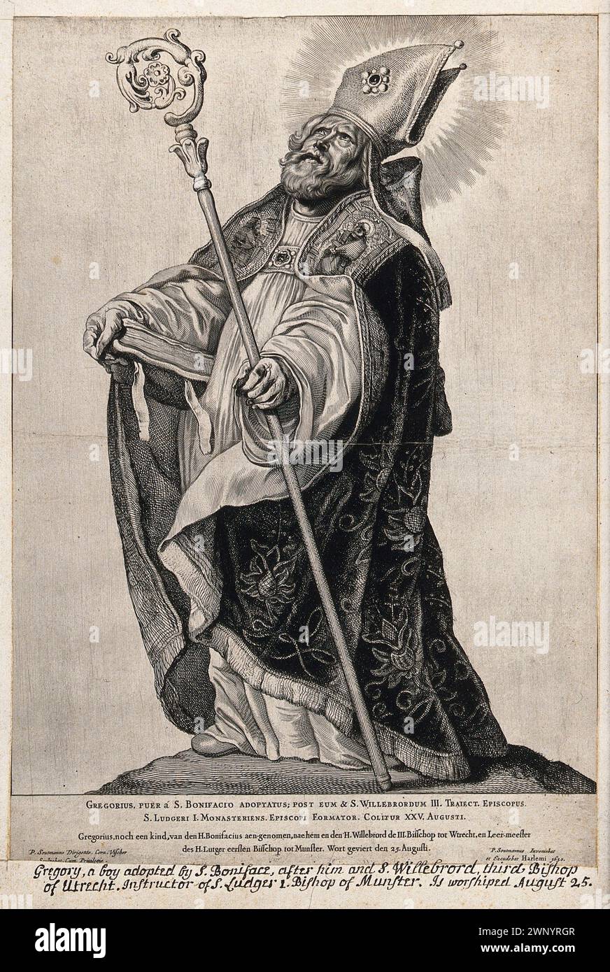 Ein Kupferstich von Papst Gregor I. (auch bekannt als Heiliger Gregor der große) aus dem Jahr 1650, der von 590 bis 604 n. Chr. Pontiff war. Er war der 64. Papst. Er war es, der den Gesang des Chors einführte, der als Gregorianischer Chant bekannt ist. Stockfoto