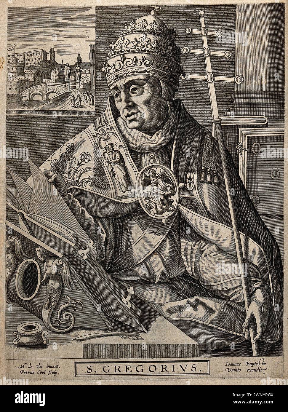 Ein Kupferstich von Papst Gregor I. (auch bekannt als Heiliger Gregor der große) aus dem Jahr 1600, der von 590 bis 604 n. Chr. Pontiff war. Er war der 64. Papst. Er war es, der den Gesang des Chors einführte, der als Gregorianischer Chant bekannt ist. Auf diesem Bild ist er als Leser heiliger Werke dargestellt, während eine Taube, die den Himmel repräsentiert, ihn mit Licht beleuchtet. Stockfoto