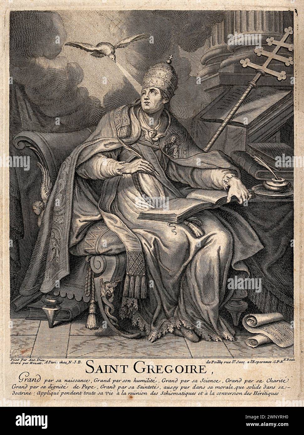 Ein Kupferstich von Papst Gregor I. (auch bekannt als Heiliger Gregor der große) aus dem Jahr 1700, der von 590 bis 604 n. Chr. Pontiff war. Er war der 64. Papst. Er war es, der den Gesang des Chors einführte, der als Gregorianischer Chant bekannt ist. Auf diesem Bild ist er als Leser heiliger Werke dargestellt, während eine Taube, die den Himmel repräsentiert, ihn mit Licht beleuchtet. Stockfoto
