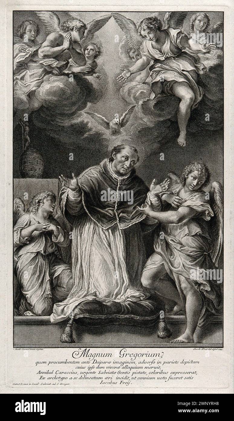 Ein Kupferstich von Papst Gregor I. (auch bekannt als Heiliger Gregor der große) aus dem 18. Jahrhundert, der von 590 bis 604 n. Chr. Pontiff war. Er war der 64. Papst. Er war es, der den Gesang des Chors einführte, der als Gregorianischer Chant bekannt ist. Auf diesem Bild ist er zu sehen, kniend und betend mit Engeln und einer Taube darüber. Stockfoto
