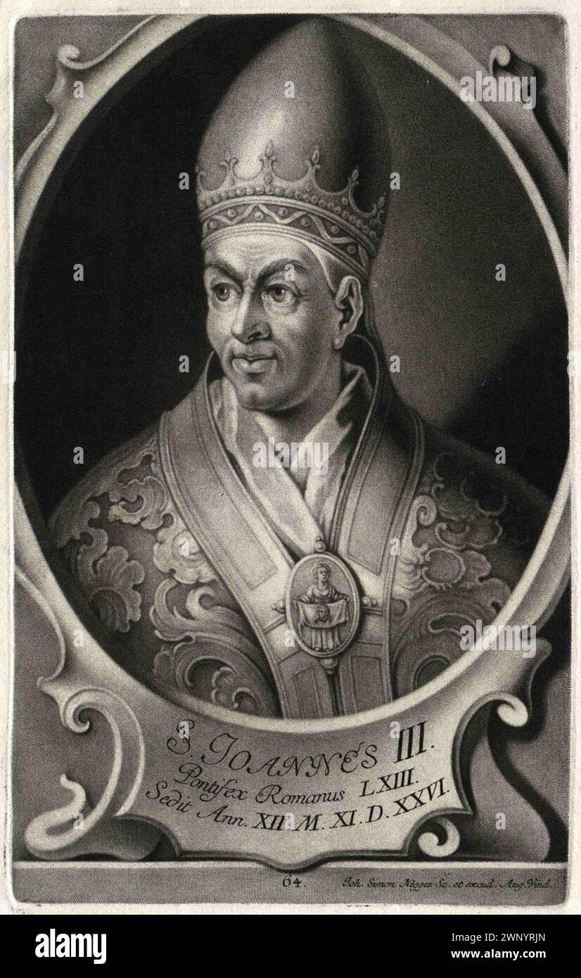 Ein Kupferstich von Papst Johannes III. (Auch bekannt als Papst Johannes III. Oder Ioannes III.) aus dem 16. Jahrhundert, der von 561 bis 574 Papst war. Er war der 61. Papst und der zweite, der einen angenommenen Namen benutzte (sein richtiger Name war Catelinus) Stockfoto