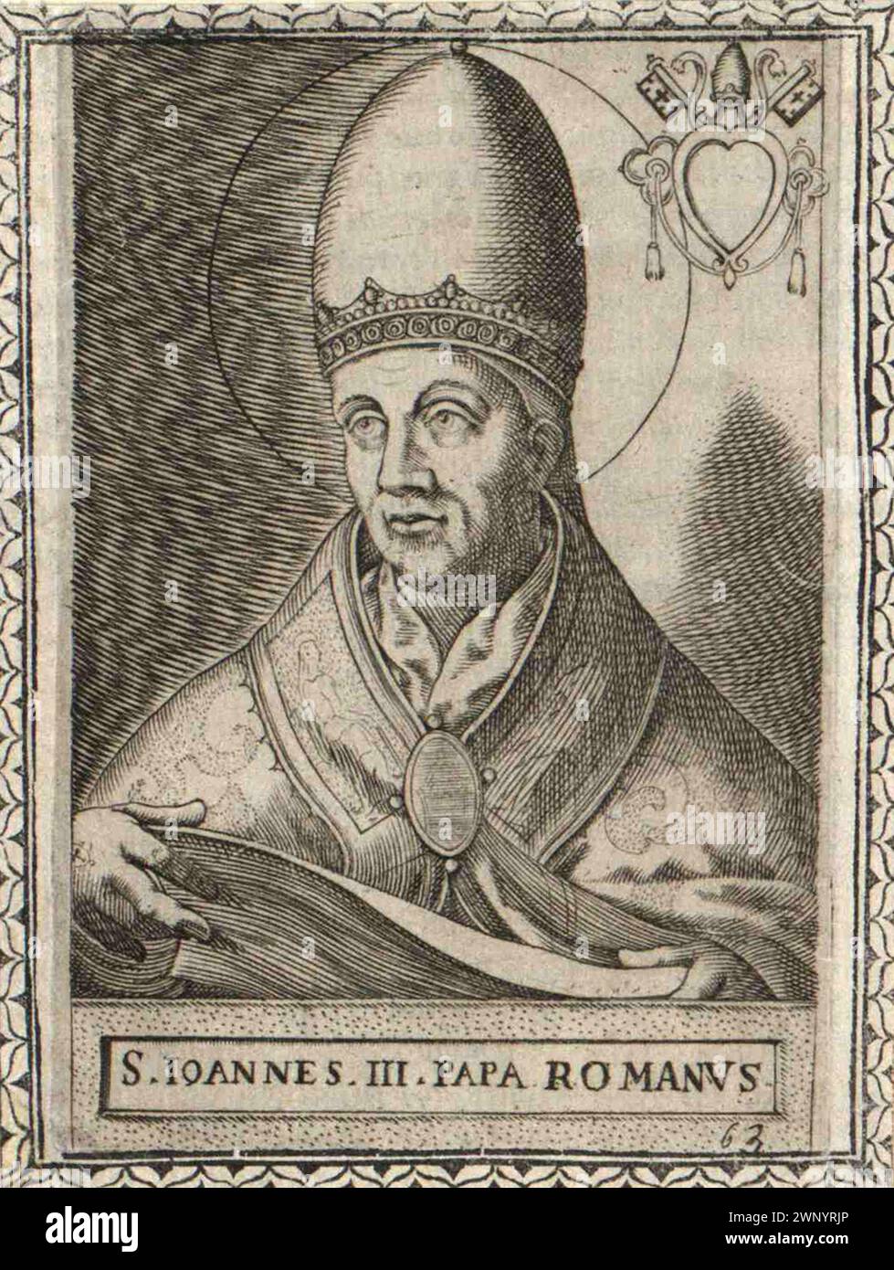 Ein Kupferstich von Papst Johannes III. (Auch bekannt als Papst Johannes III. Oder Ioannes III.) aus dem 16. Jahrhundert, der von 561 bis 574 Papst war. Er war der 61. Papst und der zweite, der einen angenommenen Namen benutzte (sein richtiger Name war Catelinus) Stockfoto