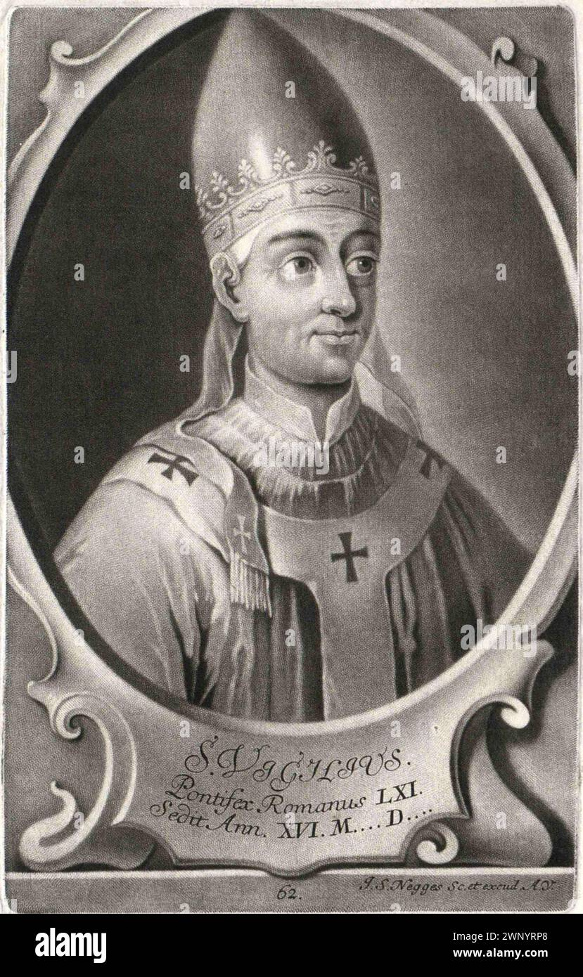 Ein Stich des Papstes Vigilius aus dem 16. Jahrhundert, der von 537 bis 555 Jahre alt war. Er war der 59. Papst. Stockfoto