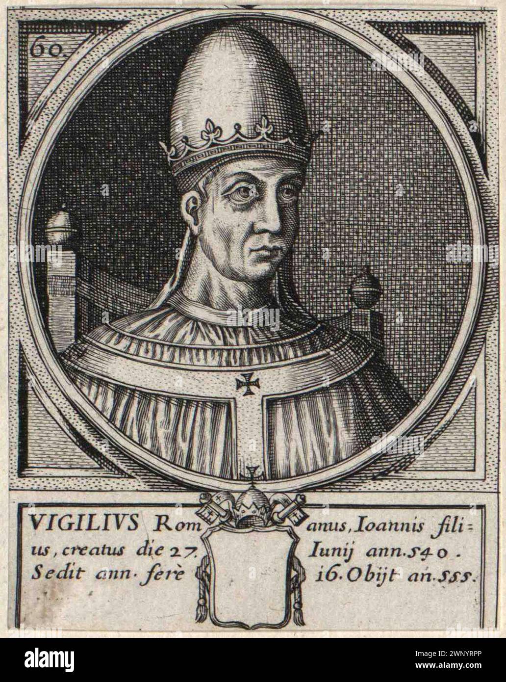 Ein Stich des Papstes Vigilius aus dem 16. Jahrhundert, der von 537 bis 555 Jahre alt war. Er war der 59. Papst. Stockfoto