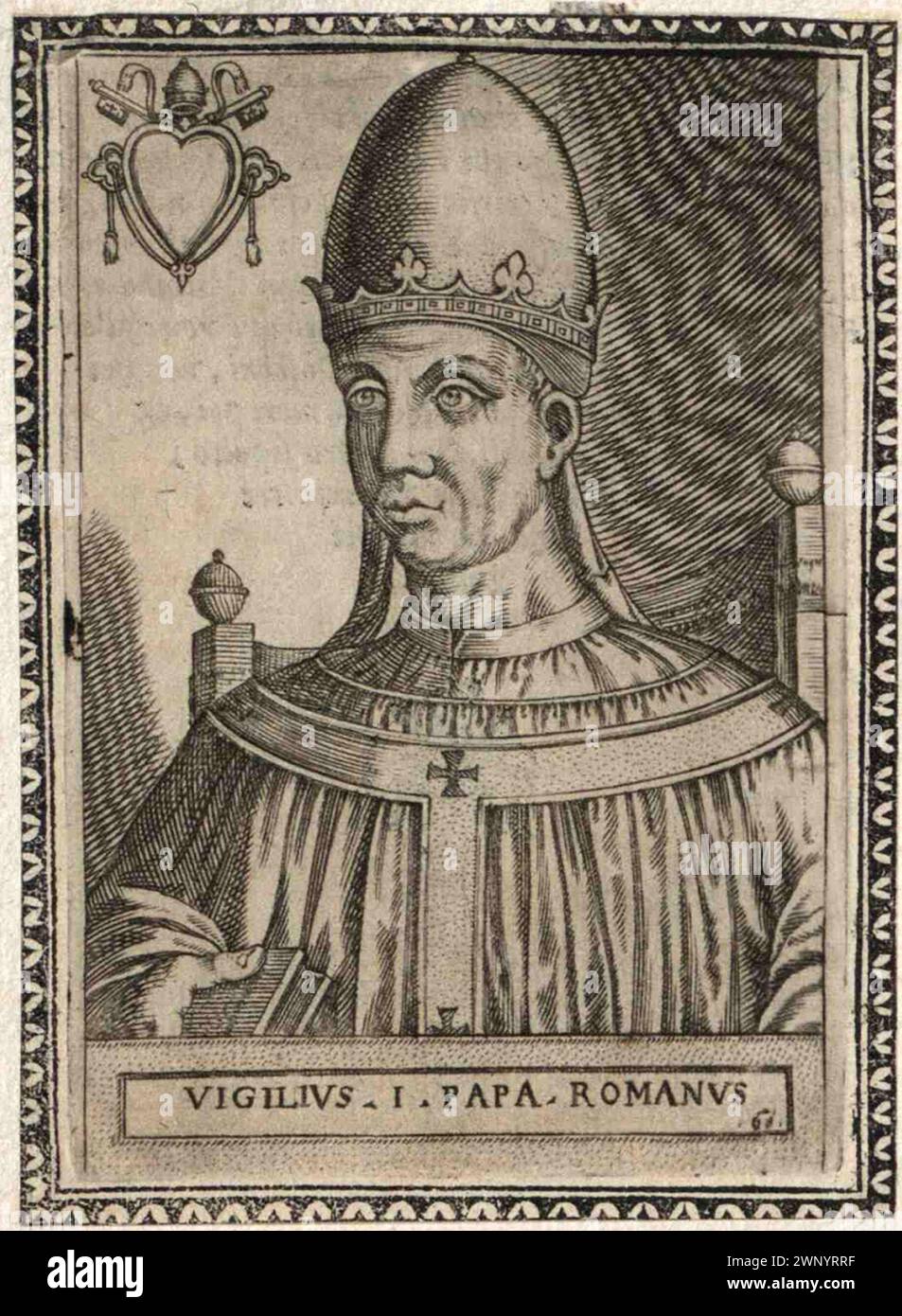 Ein Stich des Papstes Vigilius aus dem 16. Jahrhundert, der von 537 bis 555 Jahre alt war. Er war der 59. Papst. Stockfoto