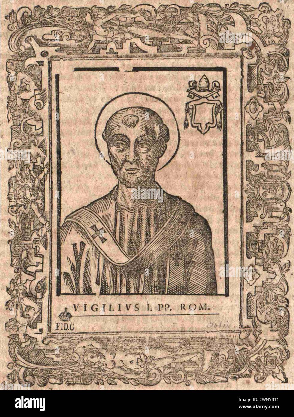 Ein Stich des Papstes Vigilius aus dem 16. Jahrhundert, der von 537 bis 555 Jahre alt war. Er war der 59. Papst. Stockfoto