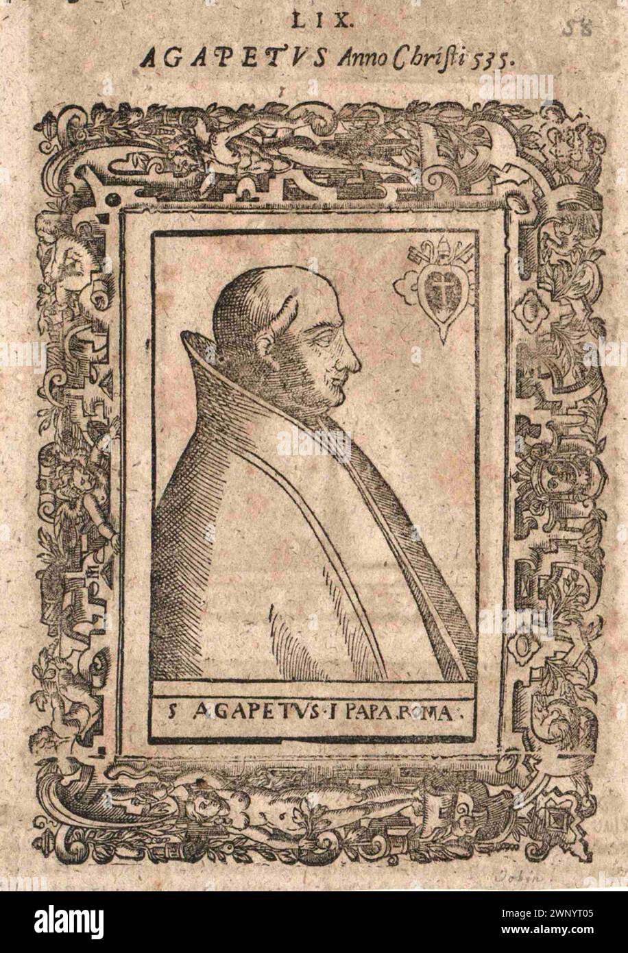 Ein Stich des Papstes Agapetus aus dem 16. Jahrhundert, der von 535 bis 536 Jahre alt war. Er war der 57. Papst. Stockfoto