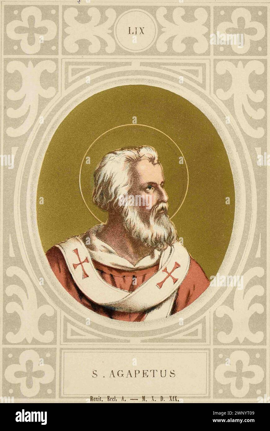 Ein Stich von Papst Agapetus aus dem Jahr 1879, der von 535 bis 536 Jahre alt war. Er war der 57. Papst. Stockfoto