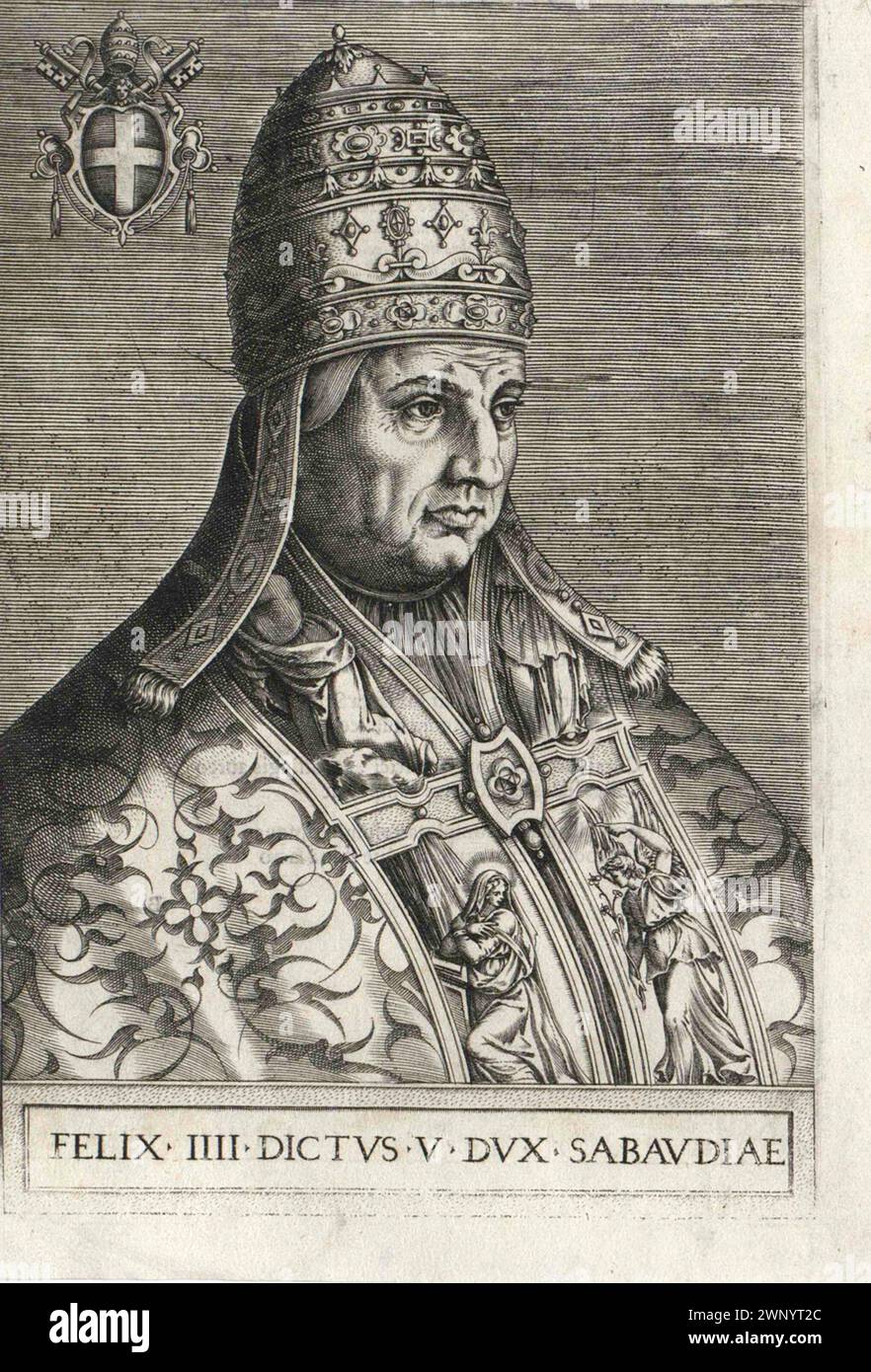 Ein Kupferstich von Papst Felix IV. Aus dem 16. Jahrhundert, der von 526 bis 530 Jahre alt war. Er war der 54. Papst. Stockfoto