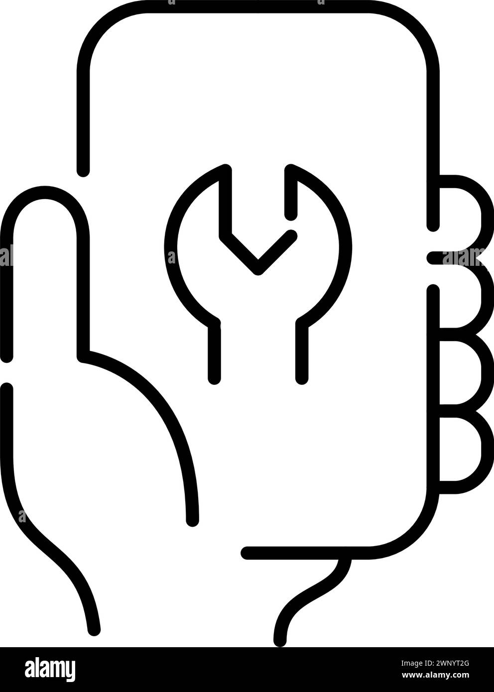 Mobile Wartung. Handgriff Smartphone mit Schraubenschlüssel auf dem Bildschirm. Gerätekonfiguration, Optimierung. Vektorsymbol Stock Vektor