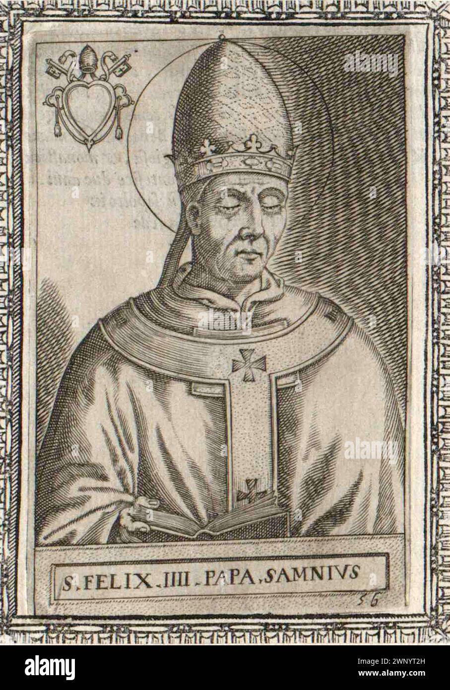 Ein Kupferstich von Papst Felix IV. Aus dem 16. Jahrhundert, der von 526 bis 530 Jahre alt war. Er war der 54. Papst. Stockfoto